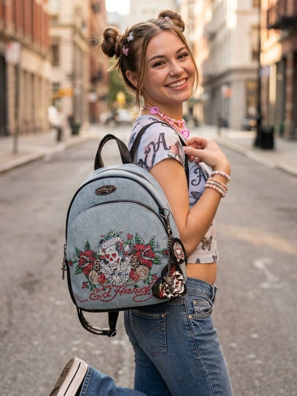 NWT Ed Hardy Denim Mini Backpack Love Kills Slowly Skull Roses Y2K